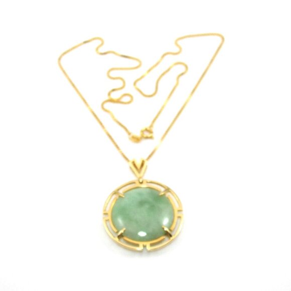 Greek Key Necklace Solid Gold 14K Yellow Gold Green Jade Greek Key Pendant Box Chain Necklace 18\